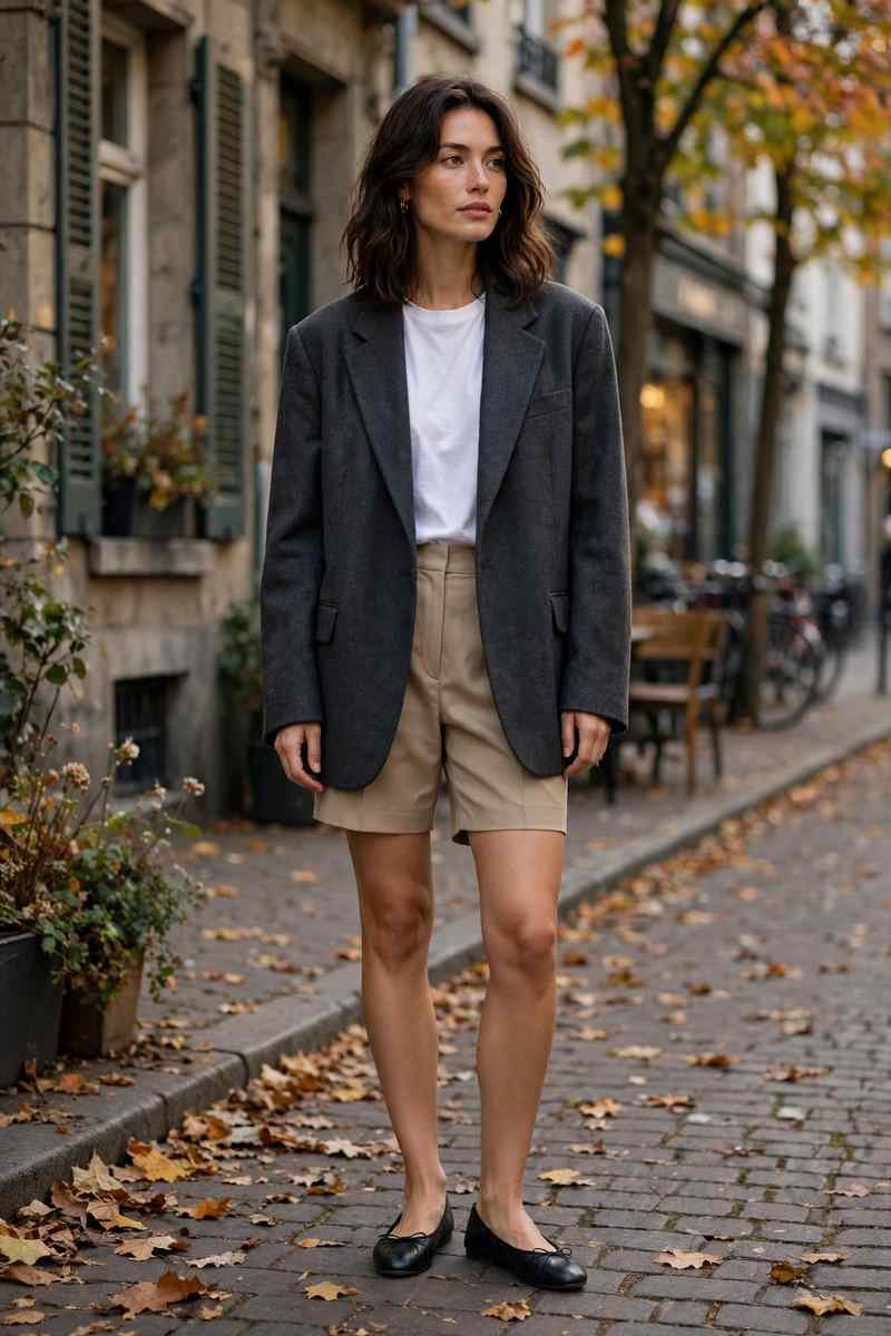 Oversized blazer with white tee and bermuda shorts, September street style