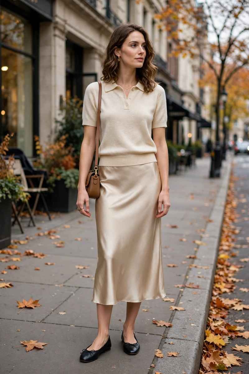 Satin midi slip skirt with knit polo and ballet flats