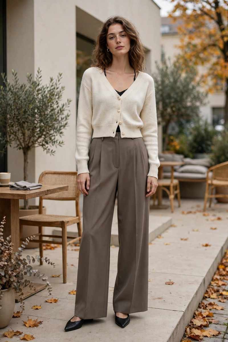 Cropped cardigan with wide-leg taupe trousers, transitional fall outfit