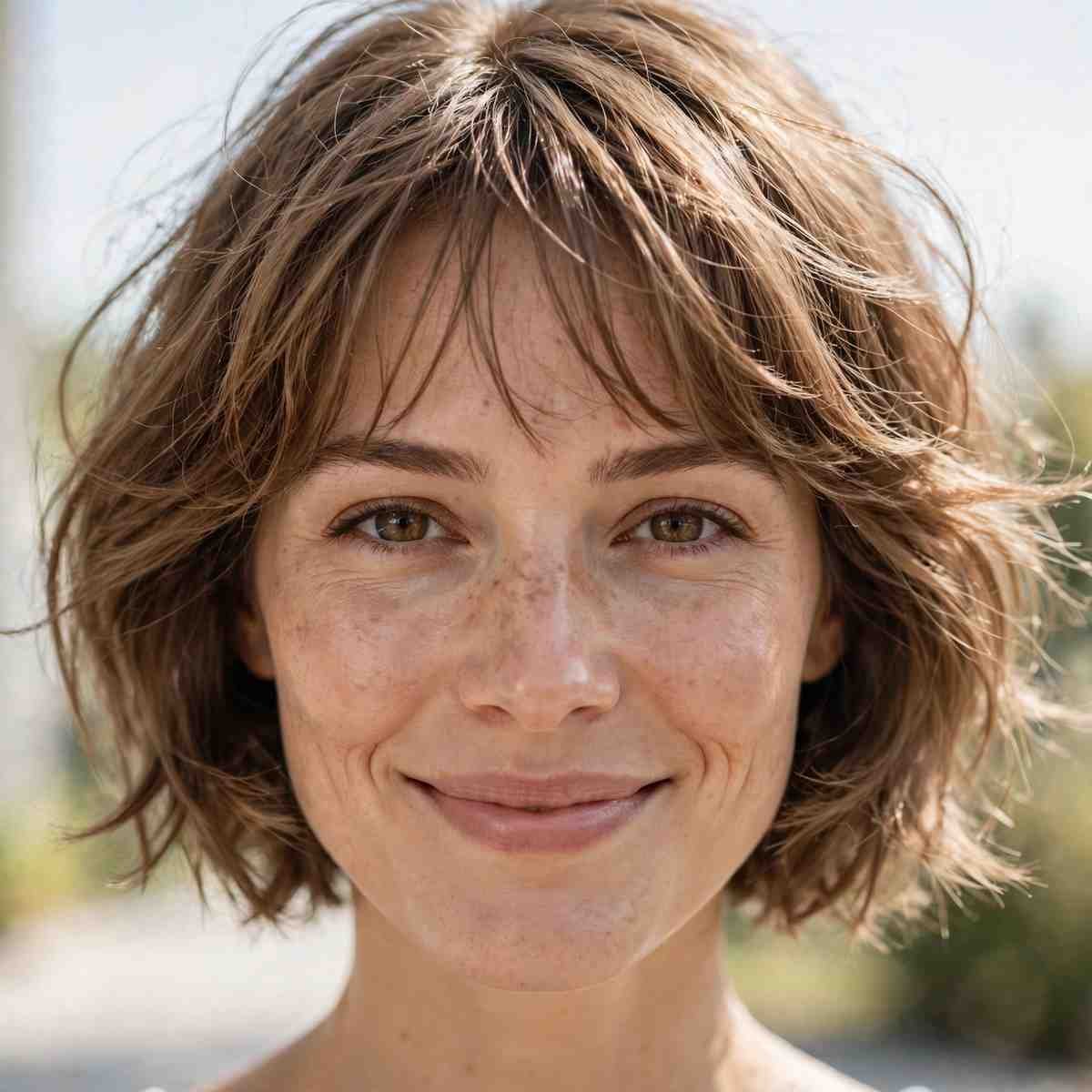 Close-up of textured French bob with soft wispy bangs