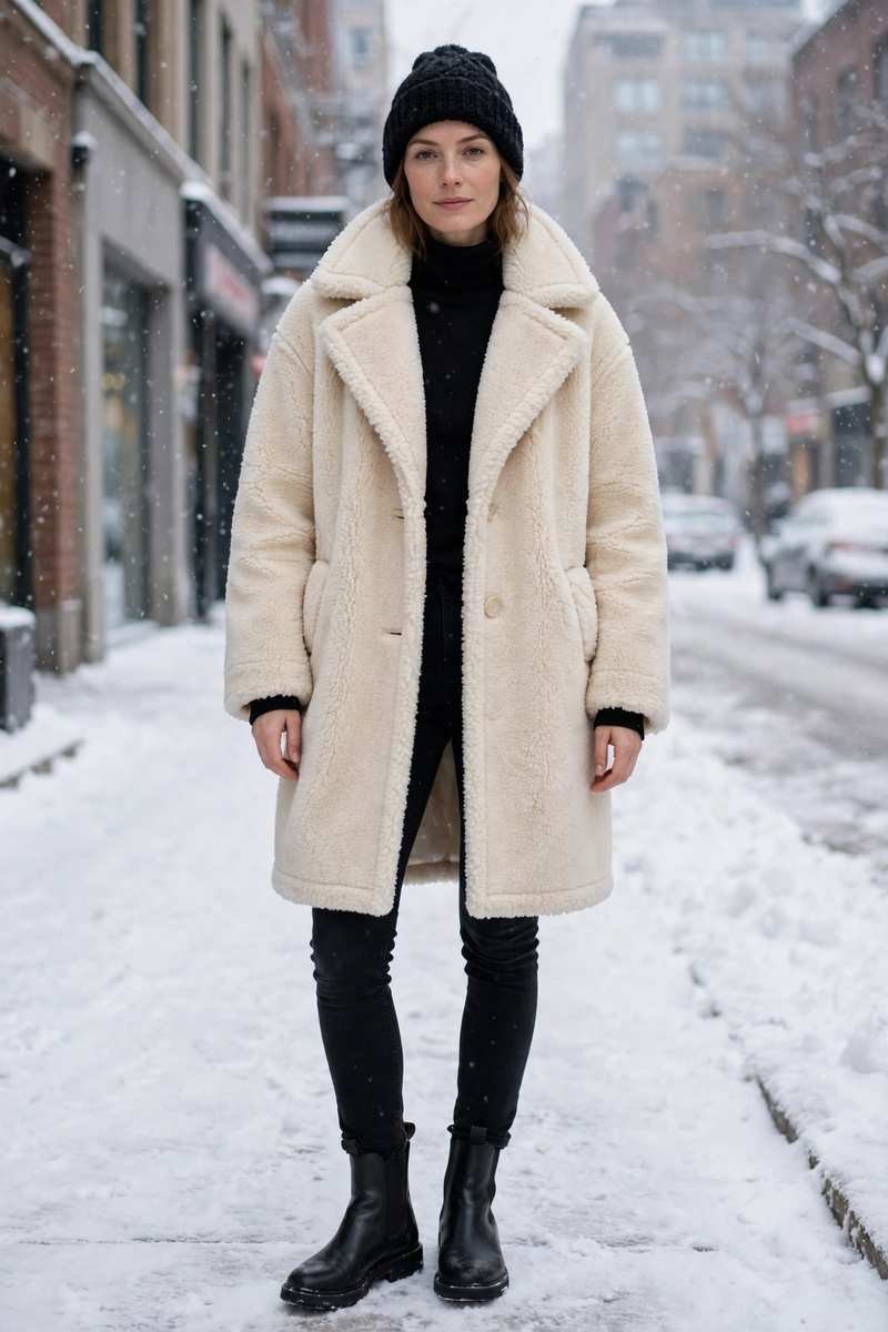 Cream teddy coat over all-black winter outfit with beanie