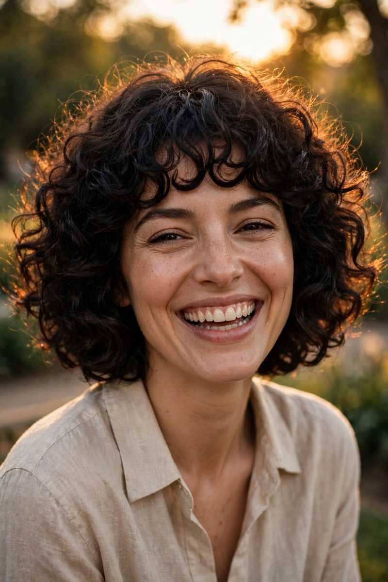 Woman with curly French bob and curly bangs in golden light