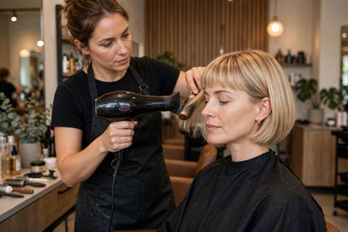 Hairstylist blow-drying a short French bob with bangs using a round brush