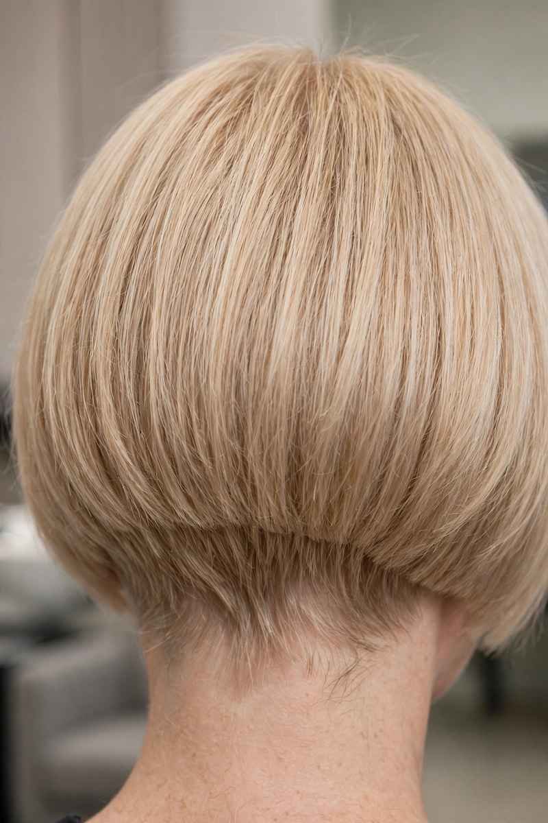 Back view of blunt-perimeter French bob on fine blonde hair