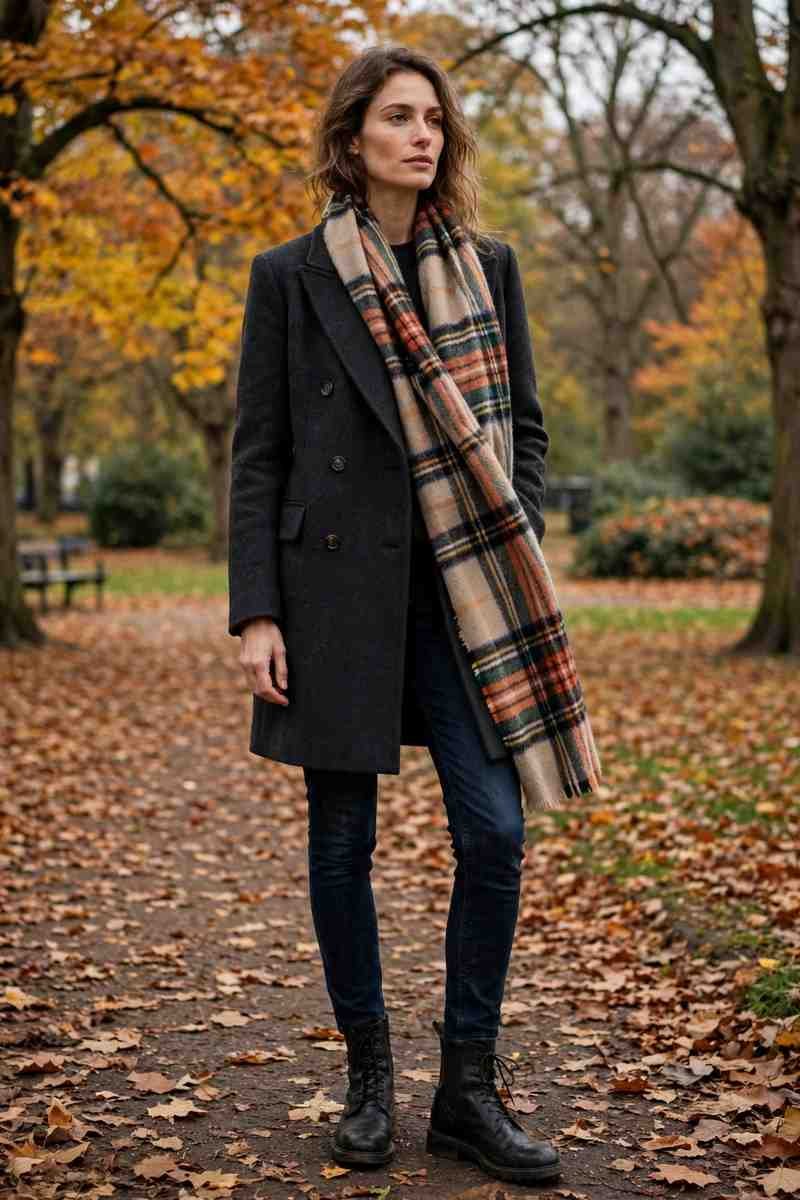 Double-breasted charcoal wool coat with oversized plaid scarf