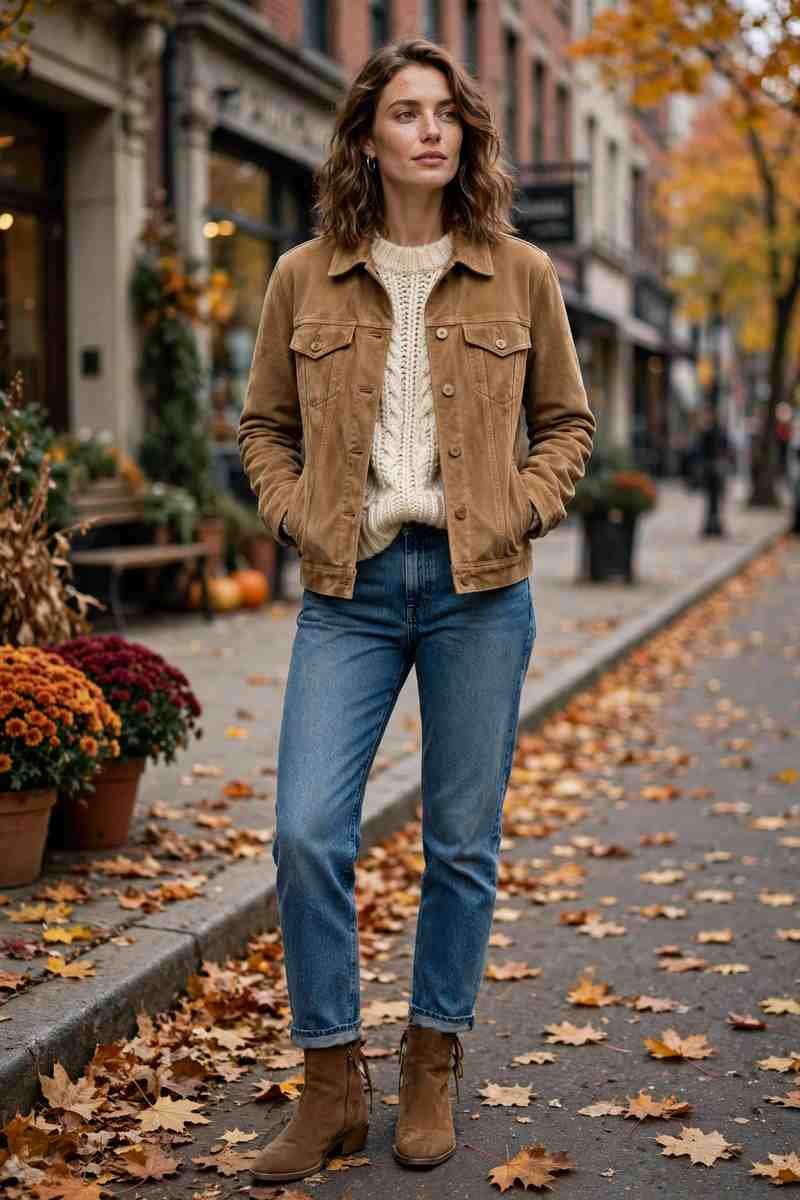 Tan suede trucker jacket with chunky cream sweater and jeans