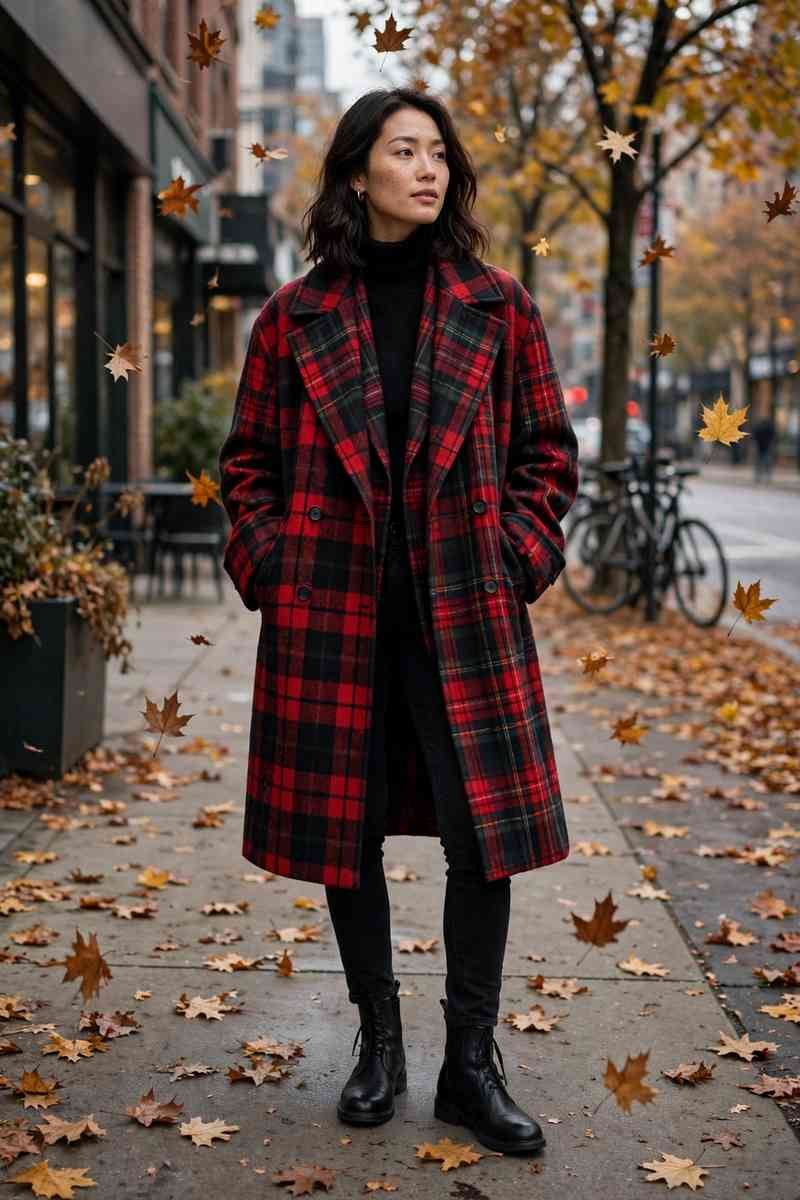 Bold plaid overcoat over black turtleneck and boots