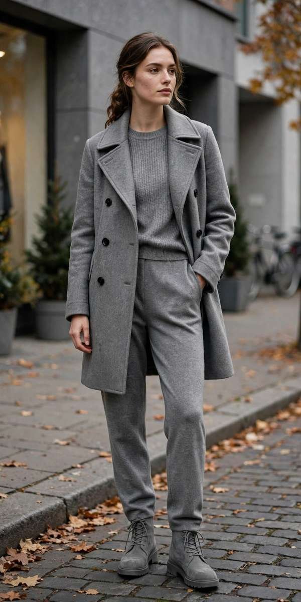 Grey peacoat over monochrome grey fall outfit