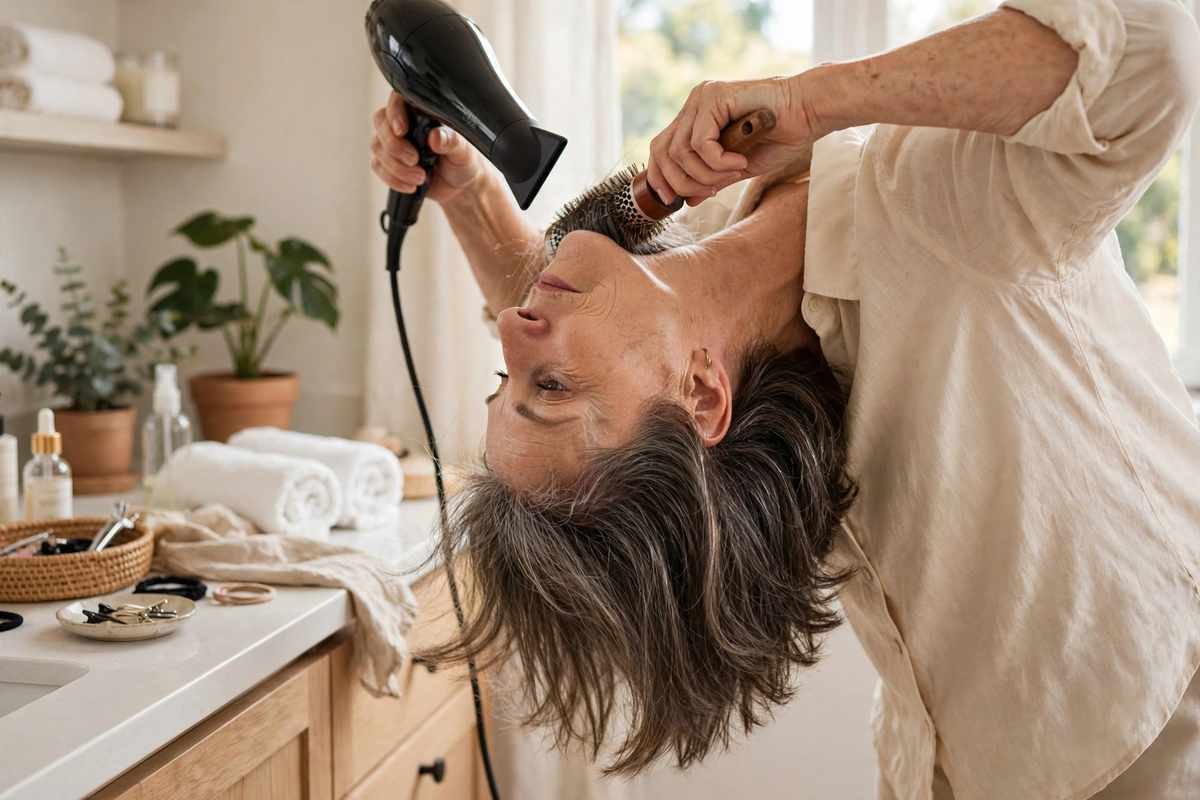 Mature woman blow-drying hair upside down for root volume