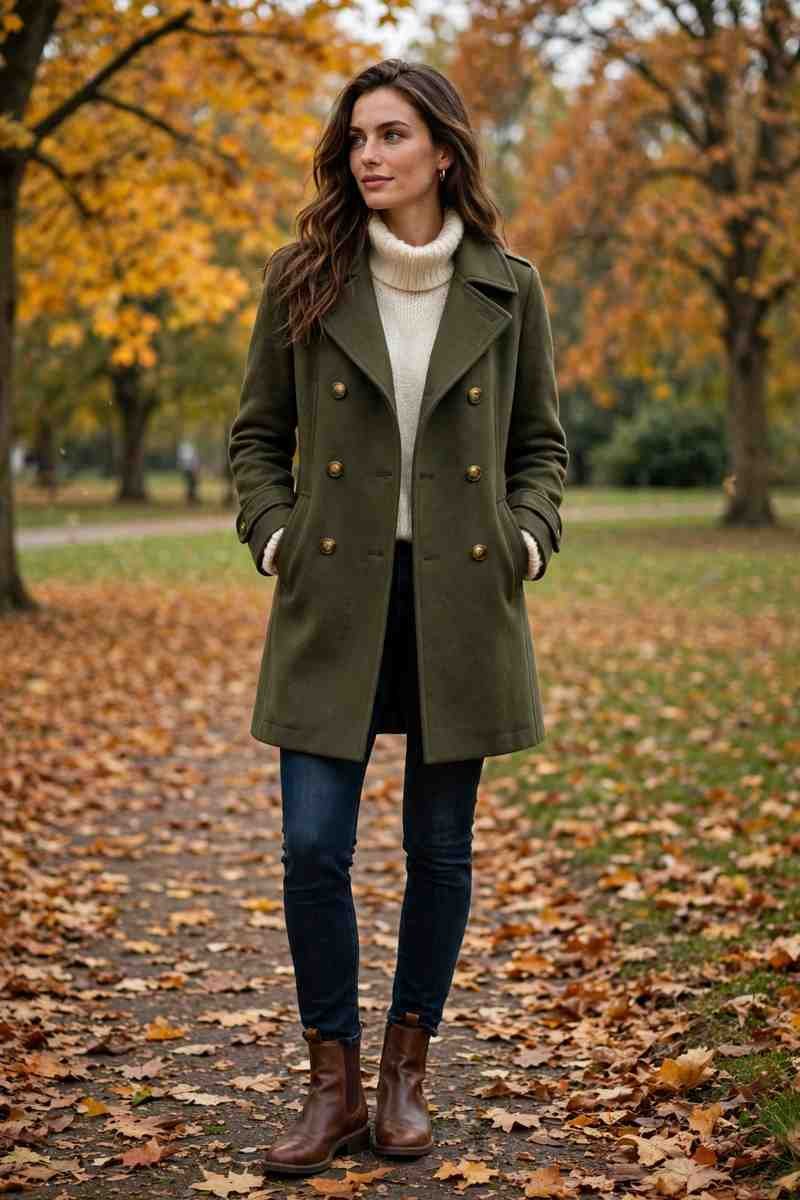 Olive peacoat with brown leather boots and cream sweater