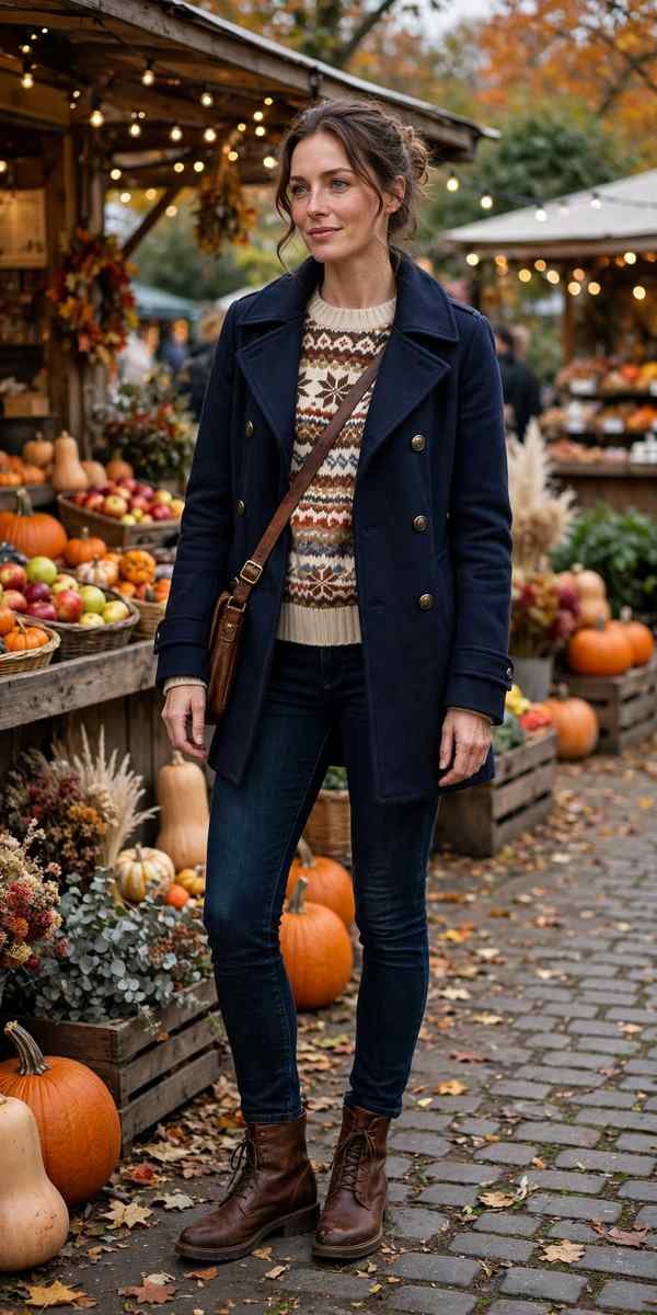 Navy peacoat over Fair Isle sweater with dark jeans