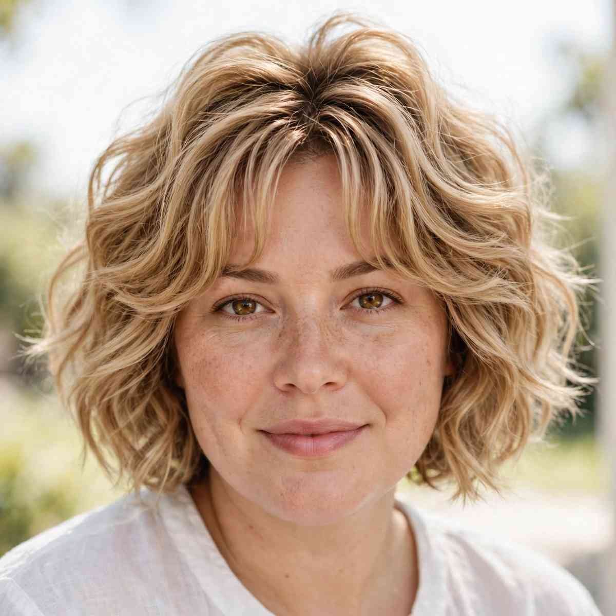 Textured bob with curtain bangs and crown volume on round face