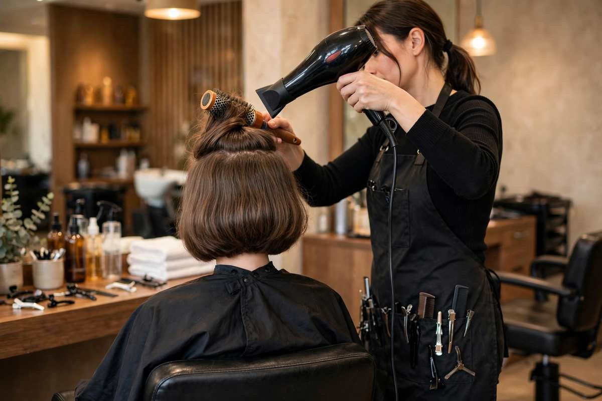 Hairstylist creating crown volume on a bob with round brush