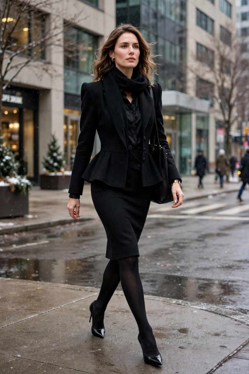 Peplum jacket with strong shoulders and black pencil skirt