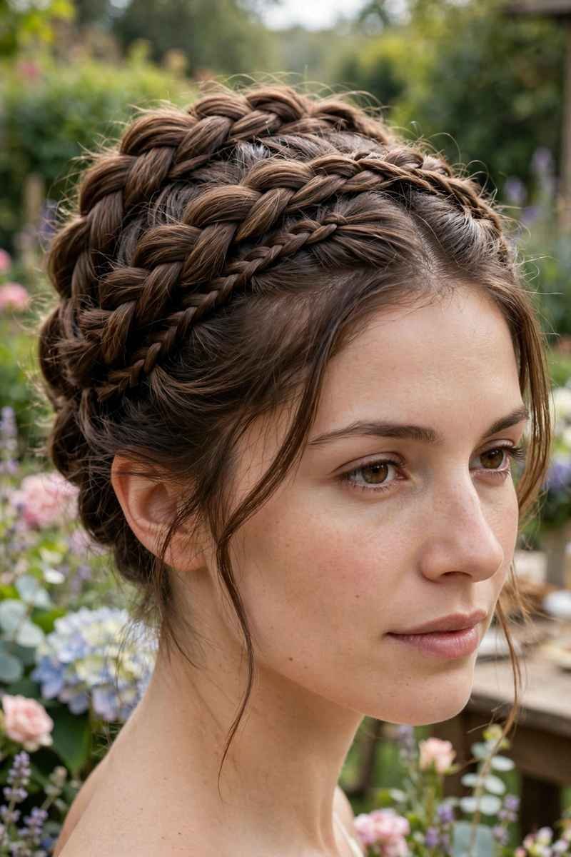 Braided crown updo wrapped over the head on medium brown hair
