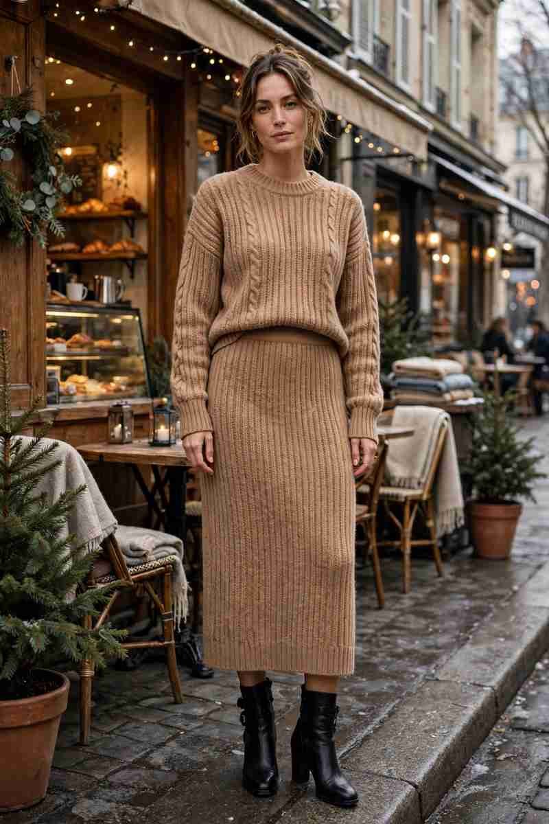 Matching camel knit midi skirt and sweater set with heeled boots