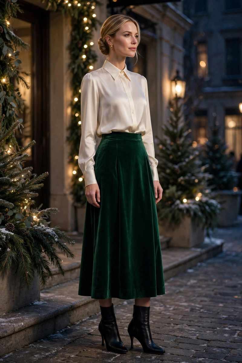 Emerald velvet midi skirt with silk blouse, winter evening look