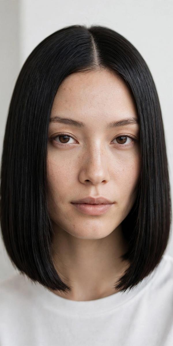 Blunt chin-length bob with center part on oval face