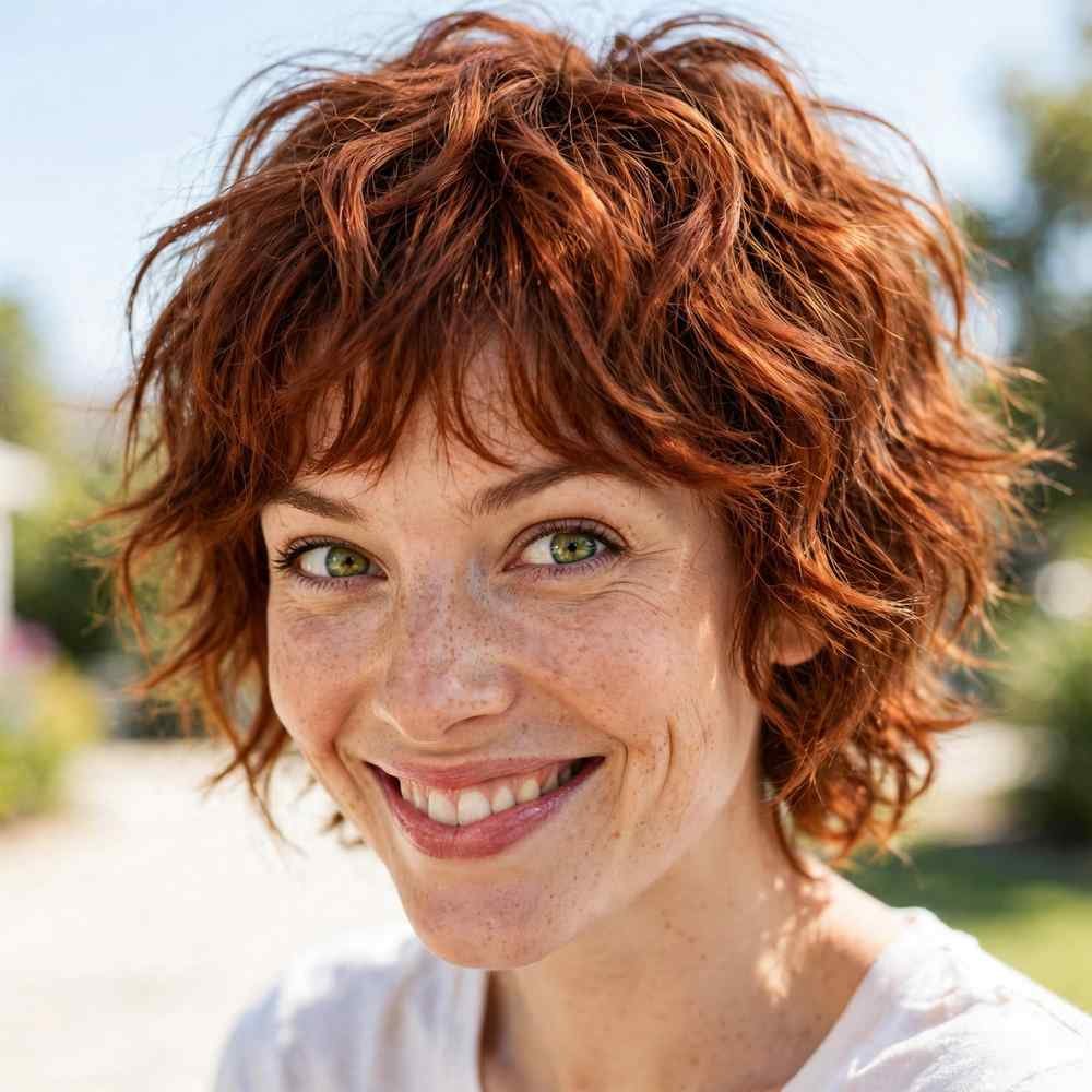 Woman with oval face and shaggy textured bixie haircut