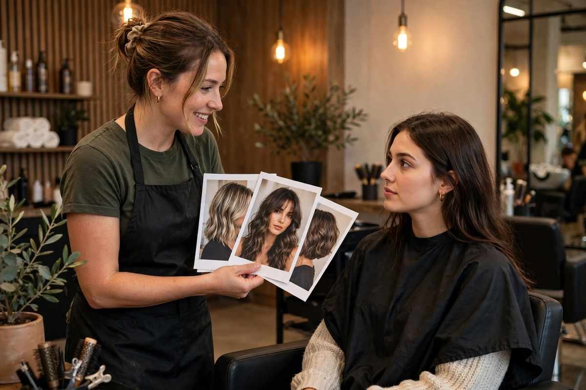 Hairstylist showing style references to client during salon consultation