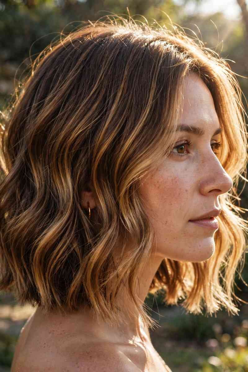 Caramel balayage bob with golden highlights catching sunlight