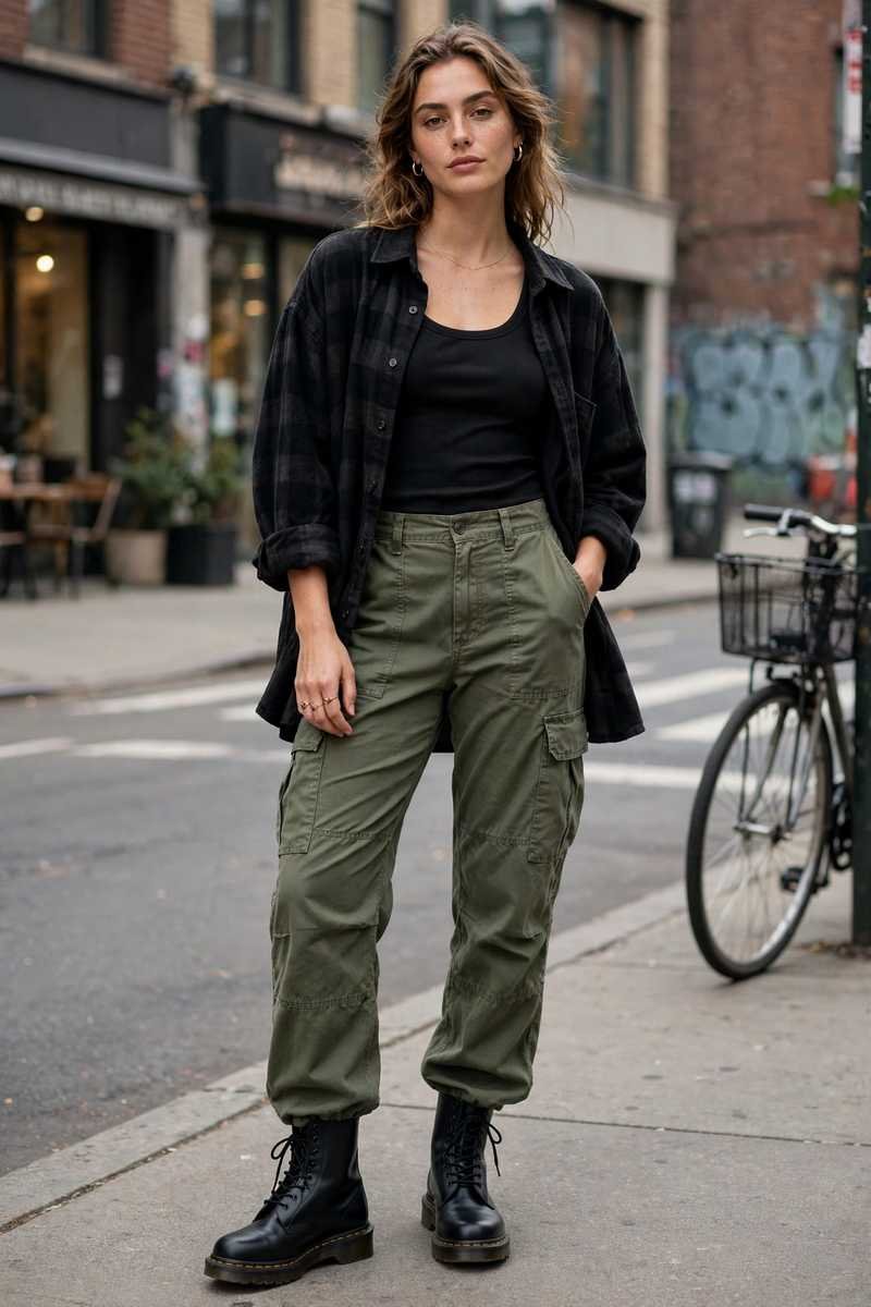 Black Doc Martens with olive cargo pants and fitted tank