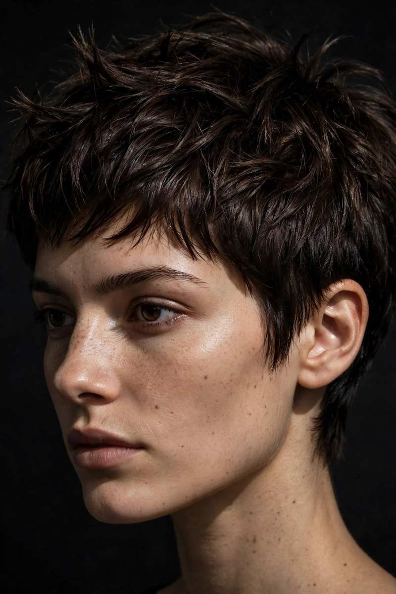 Close-up of espresso brown textured pixie haircut
