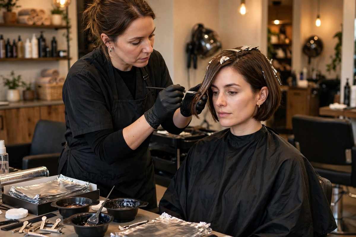 Colorist applying gloss treatment to short brown bob in salon