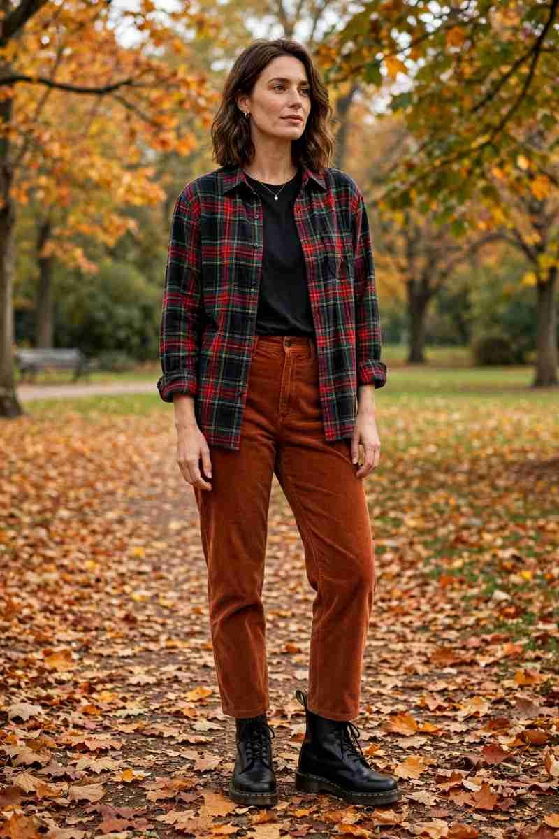 Black Doc Martens with rust corduroy pants and flannel shirt