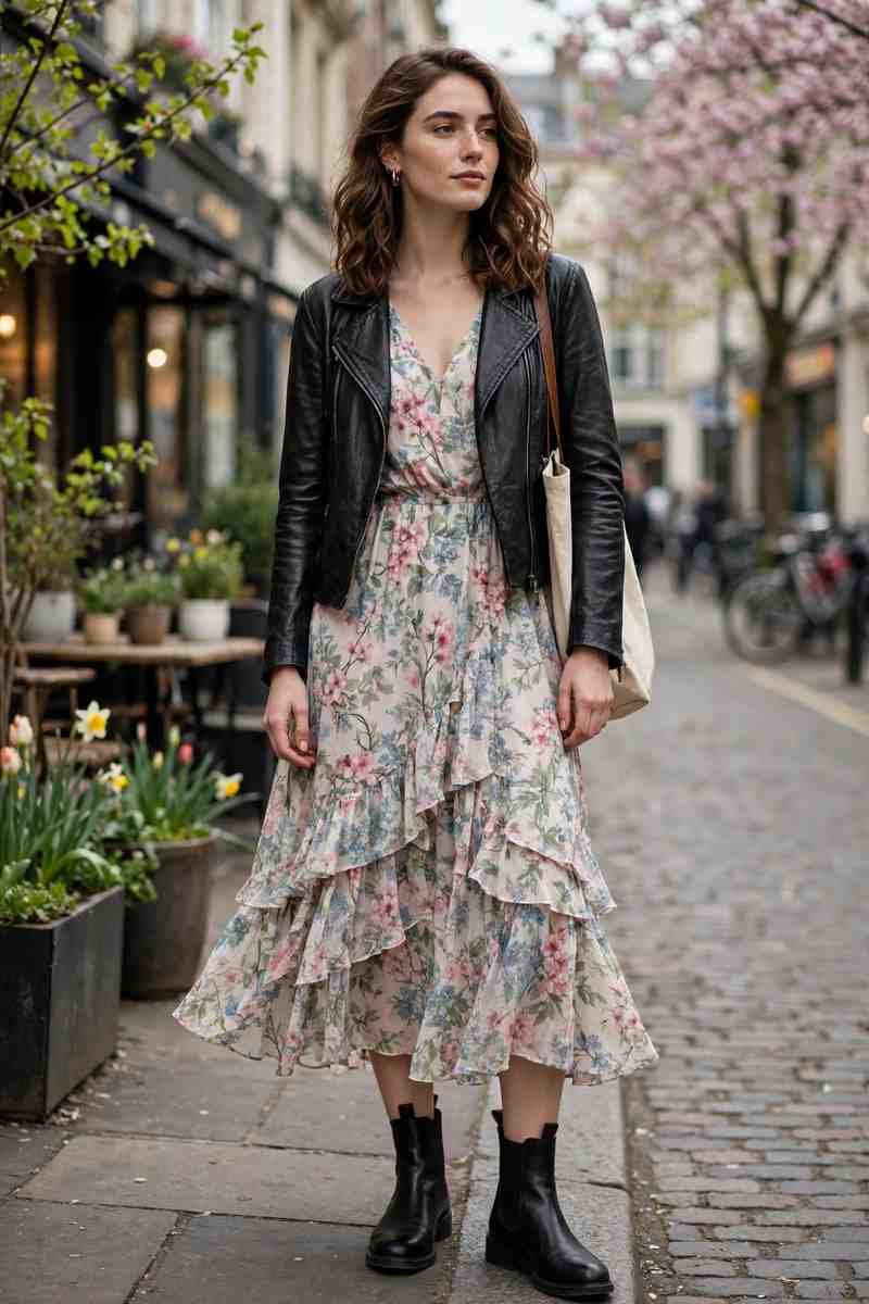 Black Chelsea boots with floral midi dress and leather jacket