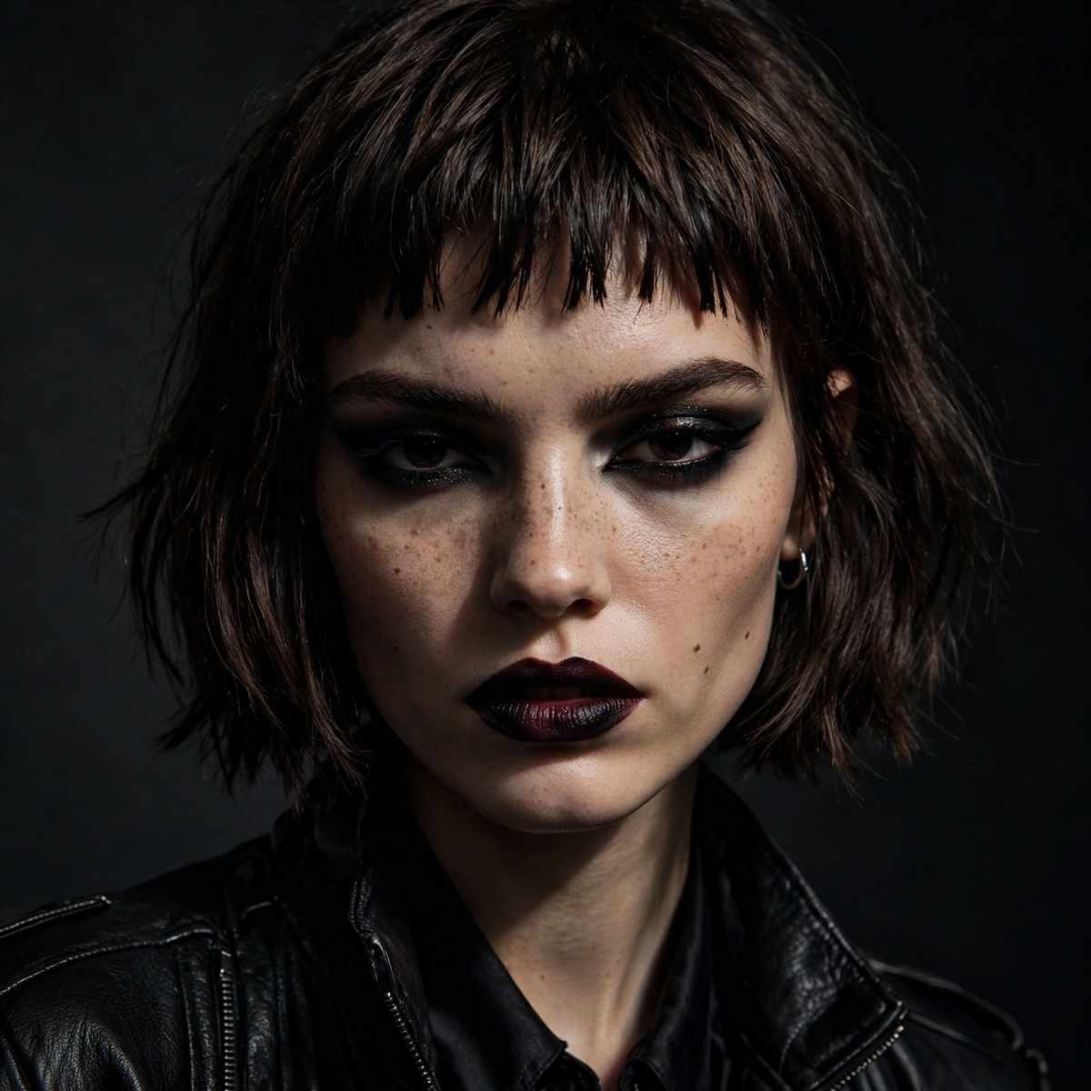 Chin-length bob with short choppy baby bangs, edgy look