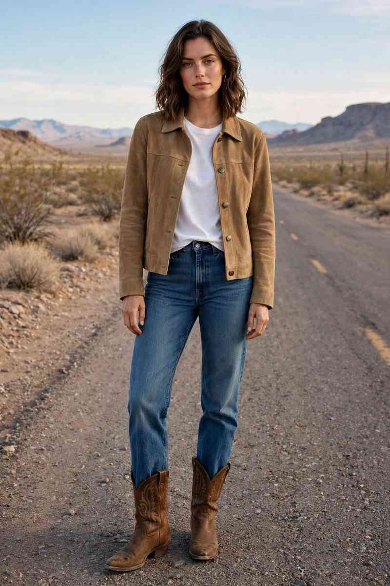 Brown cowboy boots with straight-leg jeans and suede jacket