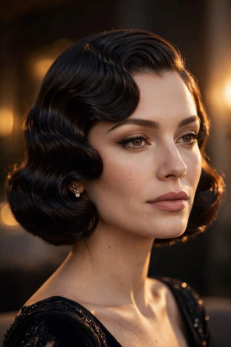 Vintage Hollywood bob with sculpted glossy waves and deep side part