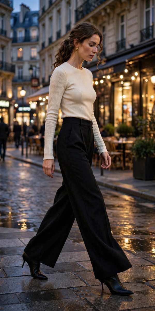 Pointed black heeled boots with wide-leg trousers, evening look