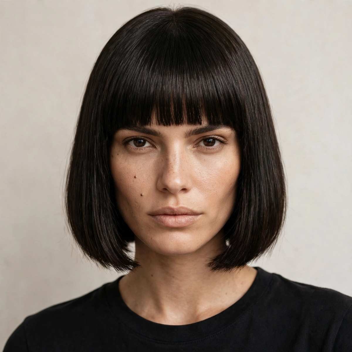 Chin-length bob with full blunt bangs, straight glossy hair