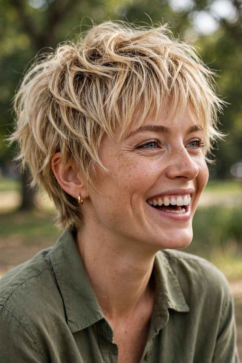 Shaggy textured pixie with wispy bangs, tousled blonde hair