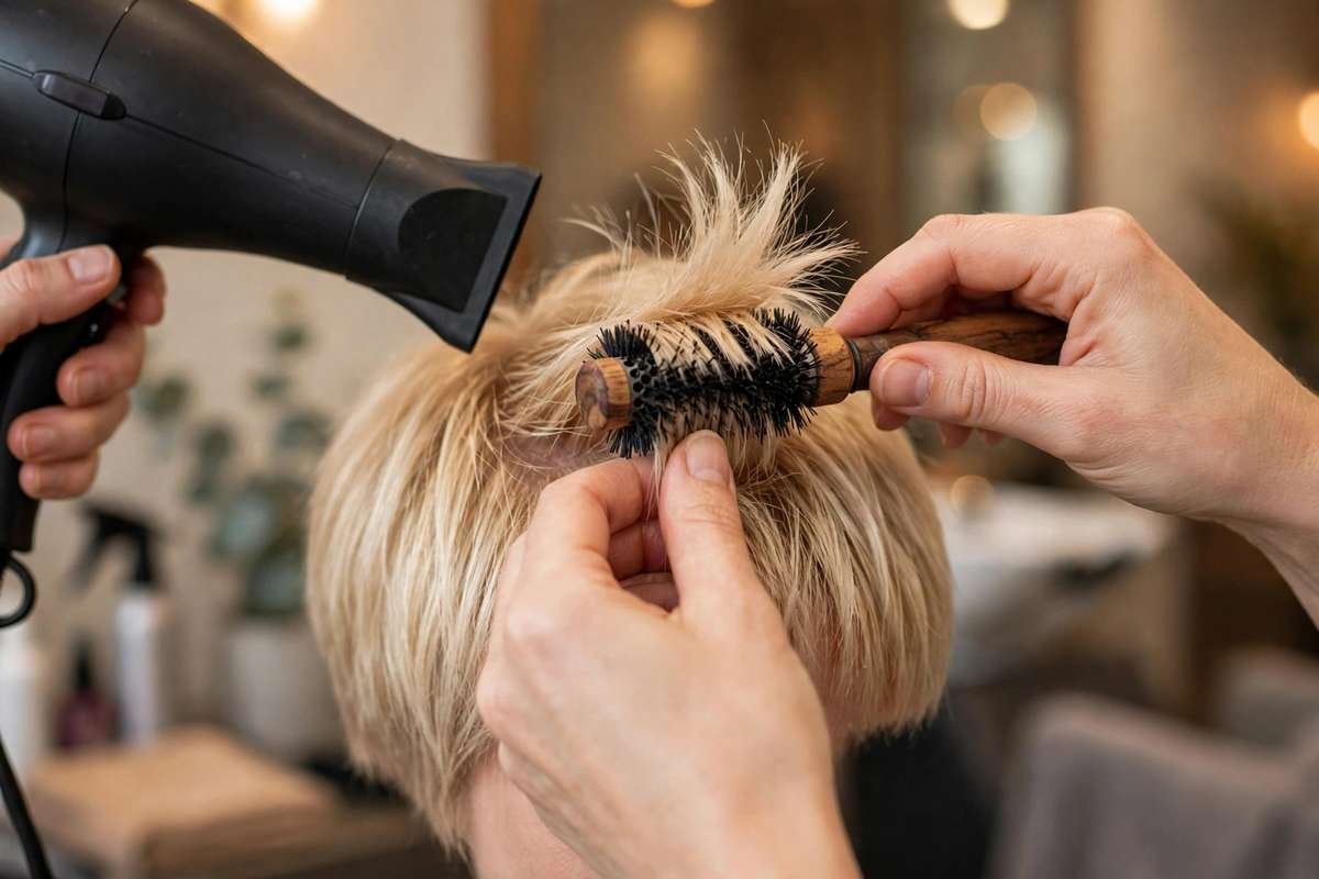 Styling short bangs with small round brush and hairdryer