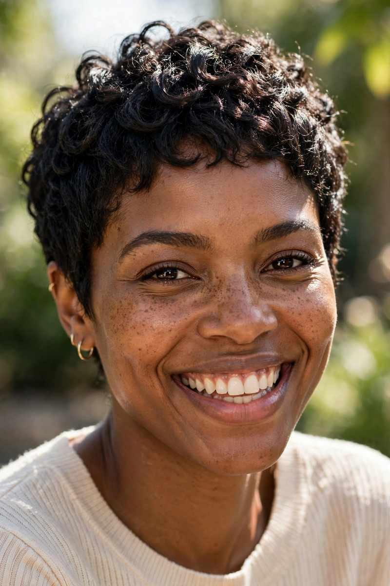 Black woman with short curly pixie, defined natural coils