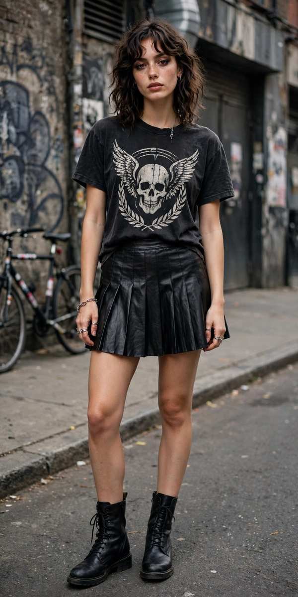 Black faux-leather pleated tennis skirt with vintage band tee