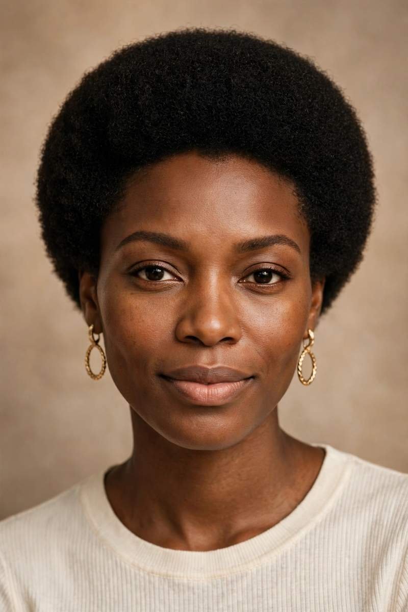 Black woman with rounded short afro, shaped natural hair