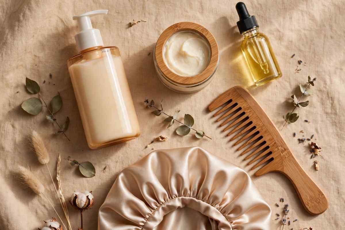 Flat lay of natural hair care products and satin bonnet