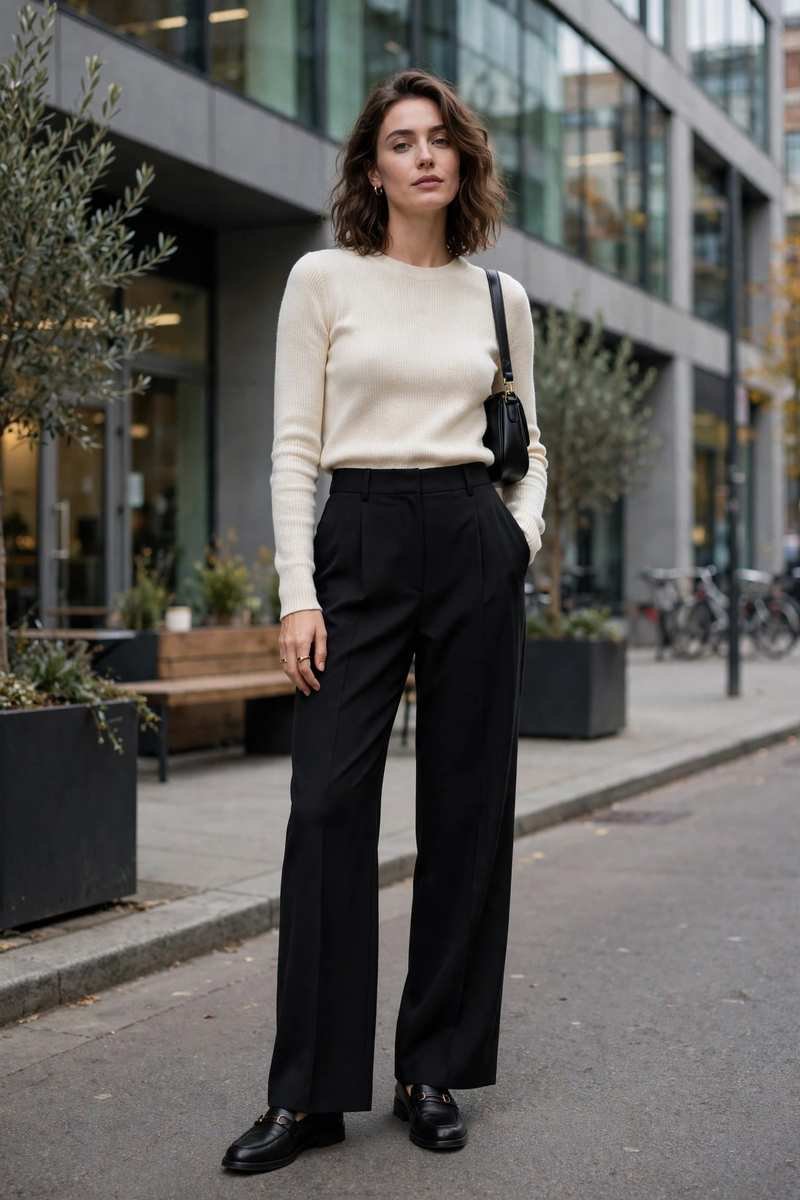 Black loafers with wide-leg black trousers and cream knit