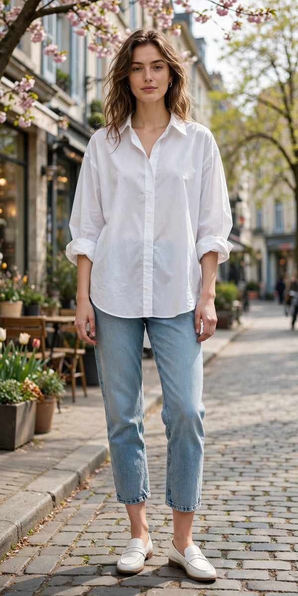 White loafers with cropped jeans and oversized white shirt