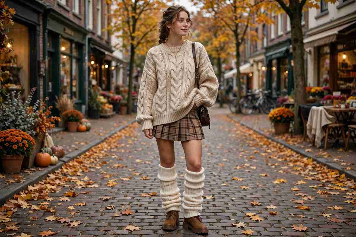 Young woman in cream knit leg warmers with plaid mini skirt and oversized sweater