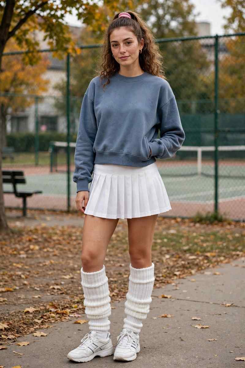 White leg warmers over crew socks with pleated tennis skirt