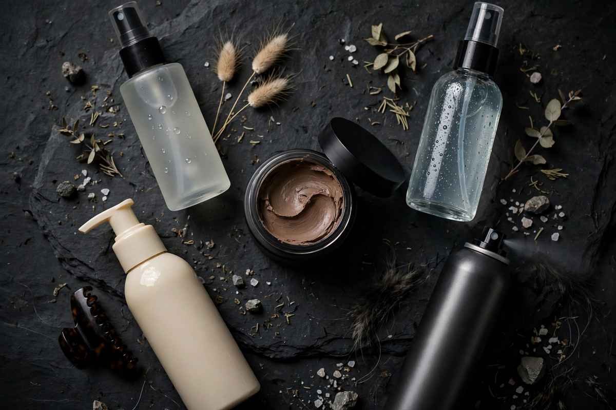 Flat lay of wolf cut styling products on dark slate