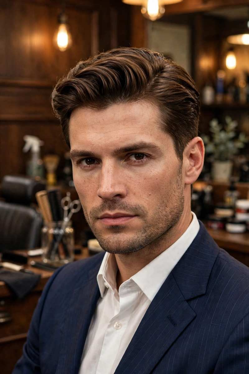 Man with classic side part haircut, voluminous swept top