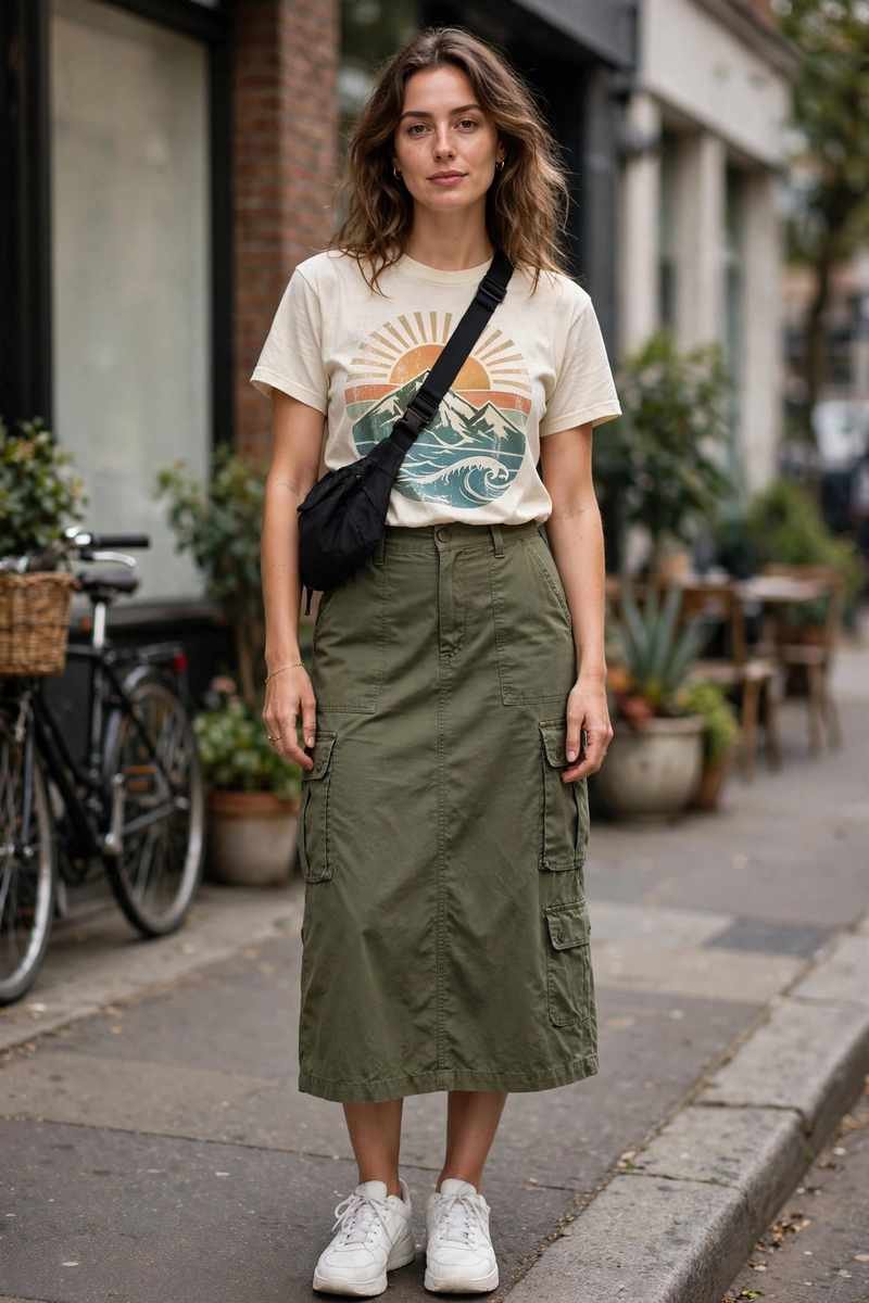 Olive cargo midi skirt with vintage graphic tee and sneakers