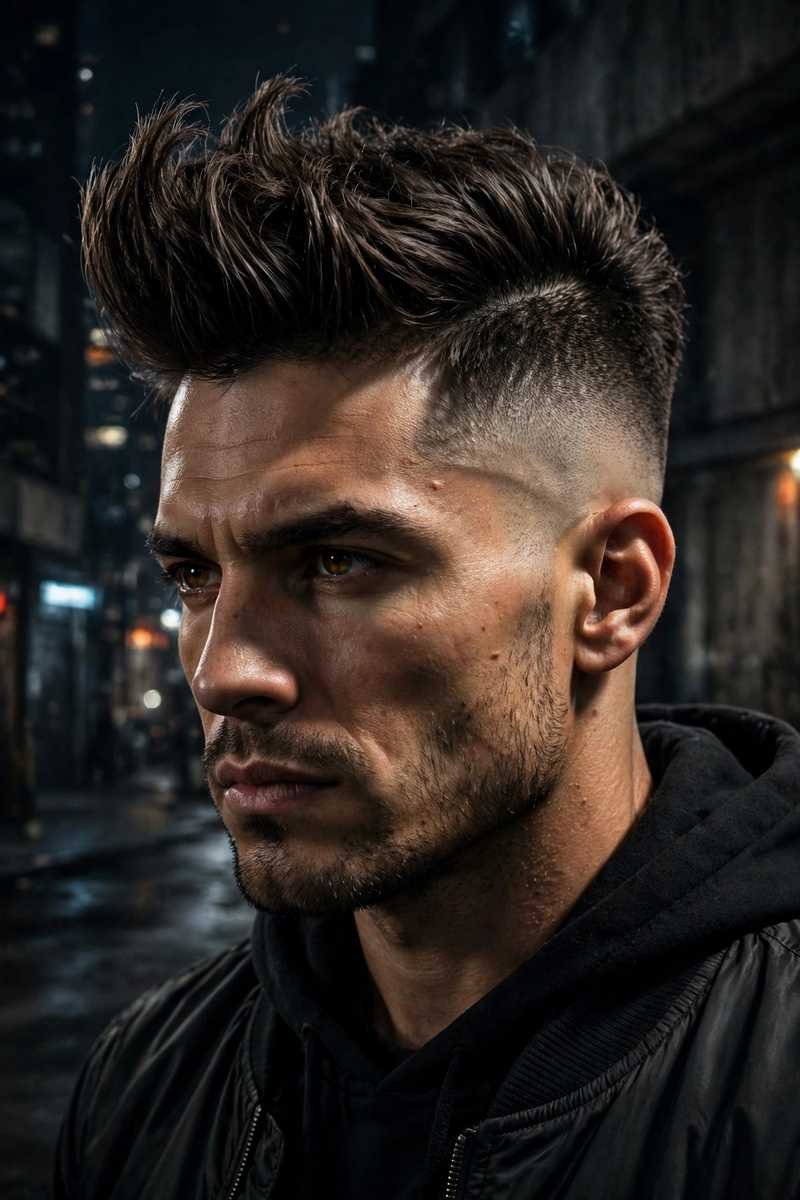 Man with high fade and styled quiff, dramatic height on top