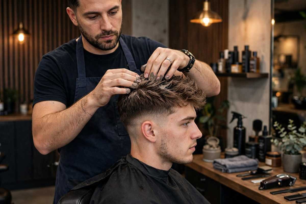 Barber styling textured crop with matte clay in barbershop